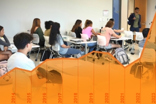 A graph of Wake Technical Community College's enrollment growth overlaid onto a photo of students in class.