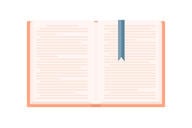 An illustration of a flat open book with an orange cover, with a blue ribbon-like bookmark marking the page it is open to.