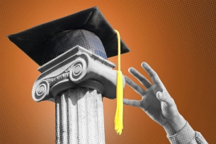 A hand reaches for a graduation mortar cap just out of reach on a pedestal